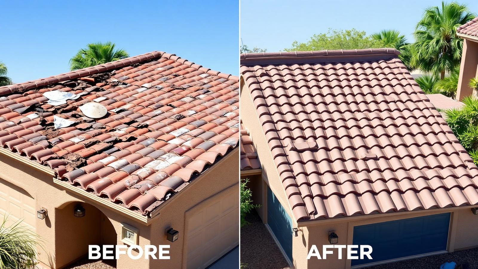 Before and after Roofing project by Copper State Restoration in Queen Creek, AZ